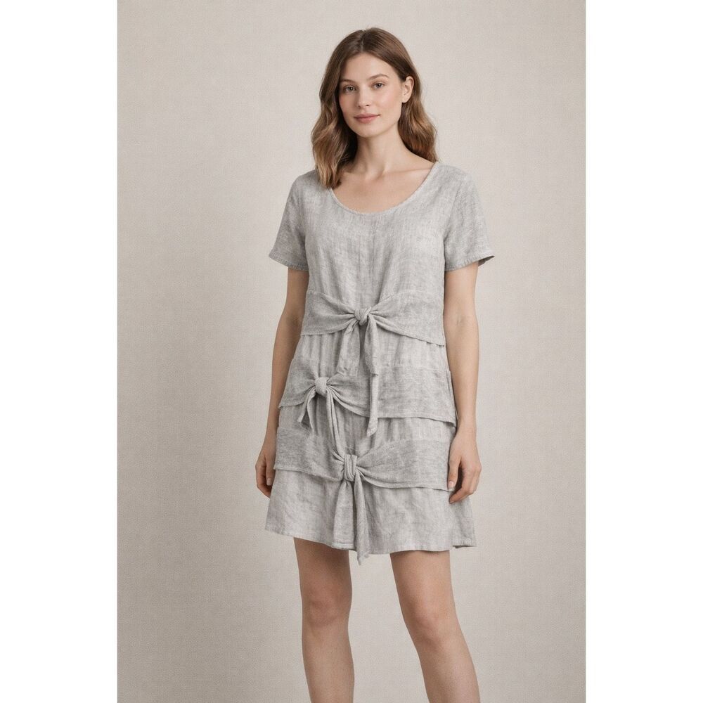 Muza Linen Dress Gray Tie Front Layered Boho Medium Made Poland